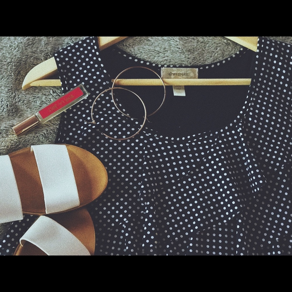 DRESSBARN | Blue Ruffle Blouse w/ White Polka Dots